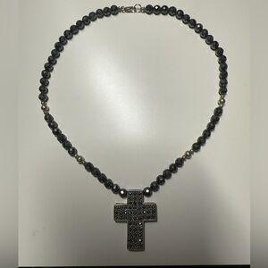 925 Sterling Silver Black CZ Cross Pendant Necklace